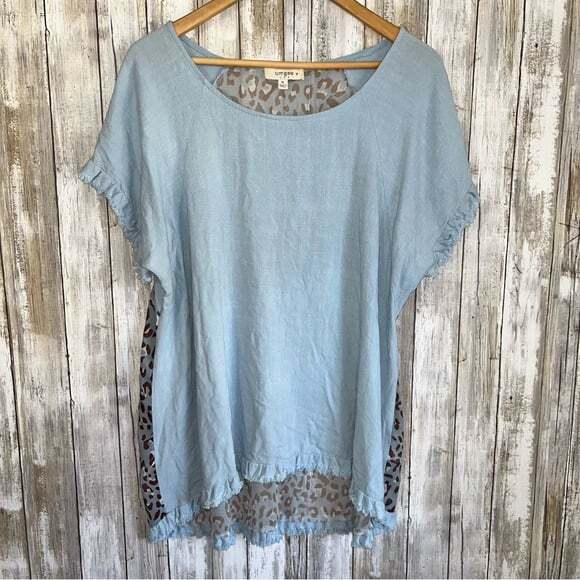 Umgee Tops - Umgee Blue & Chocolate Leopard Back Print Fringe Linen Blouse